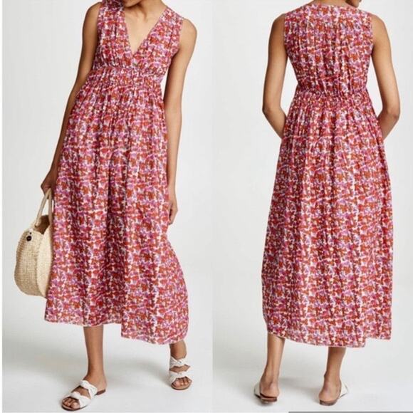 Roller Rabbit Joana Lune Midi Floral Dress Cotton Silk Sz Sml Flowy Smocked Red - Picture 1 of 14